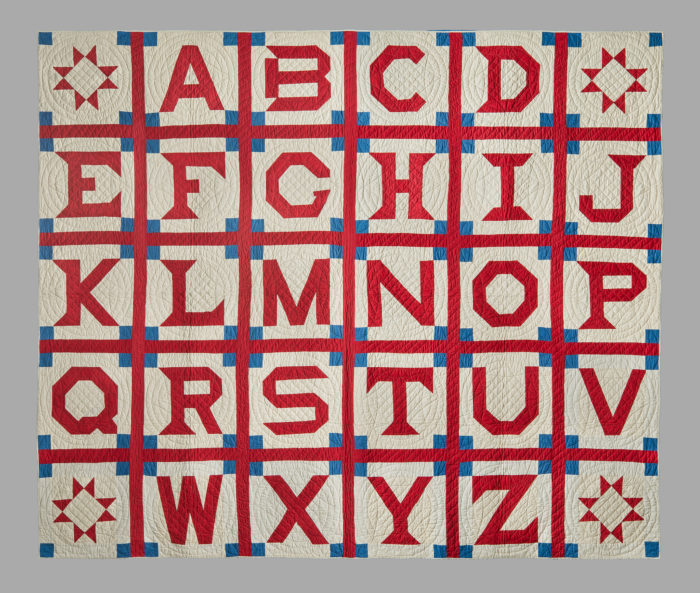 <p>Artist unidentified. Possibly Pennsylvania. <em>Alphabet Quilt</em>, early twentieth century. Cotton, 76 x 90 inches. American Folk Art Museum, New York. Gift of Karen and Werner Gundersheimer, 2018.2.5. Photo by Gavin Ashworth.</p>
