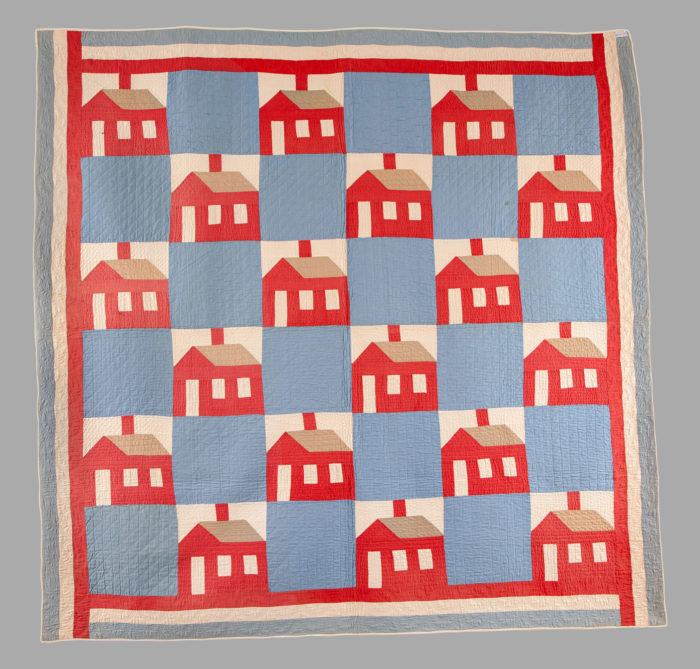 <p>Artist unidentified. United States. <em>School House Quilt</em>, ca. 1880. Cotton, 82 x 80 inches. American Folk Art Museum, New York. Gift of Birgit Lorentzen, 2019.27.44.</p>
